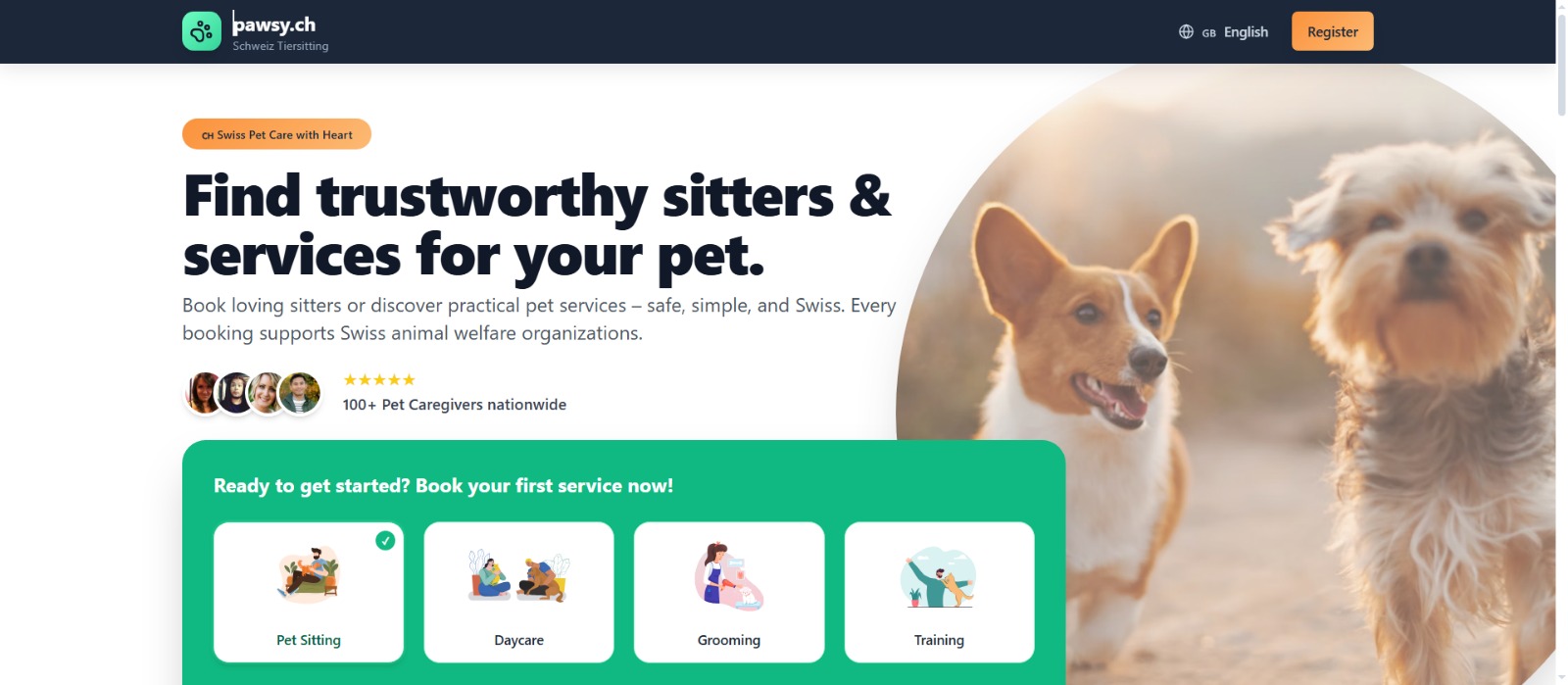 Pawsy Pet Sitter Platform Web homepage